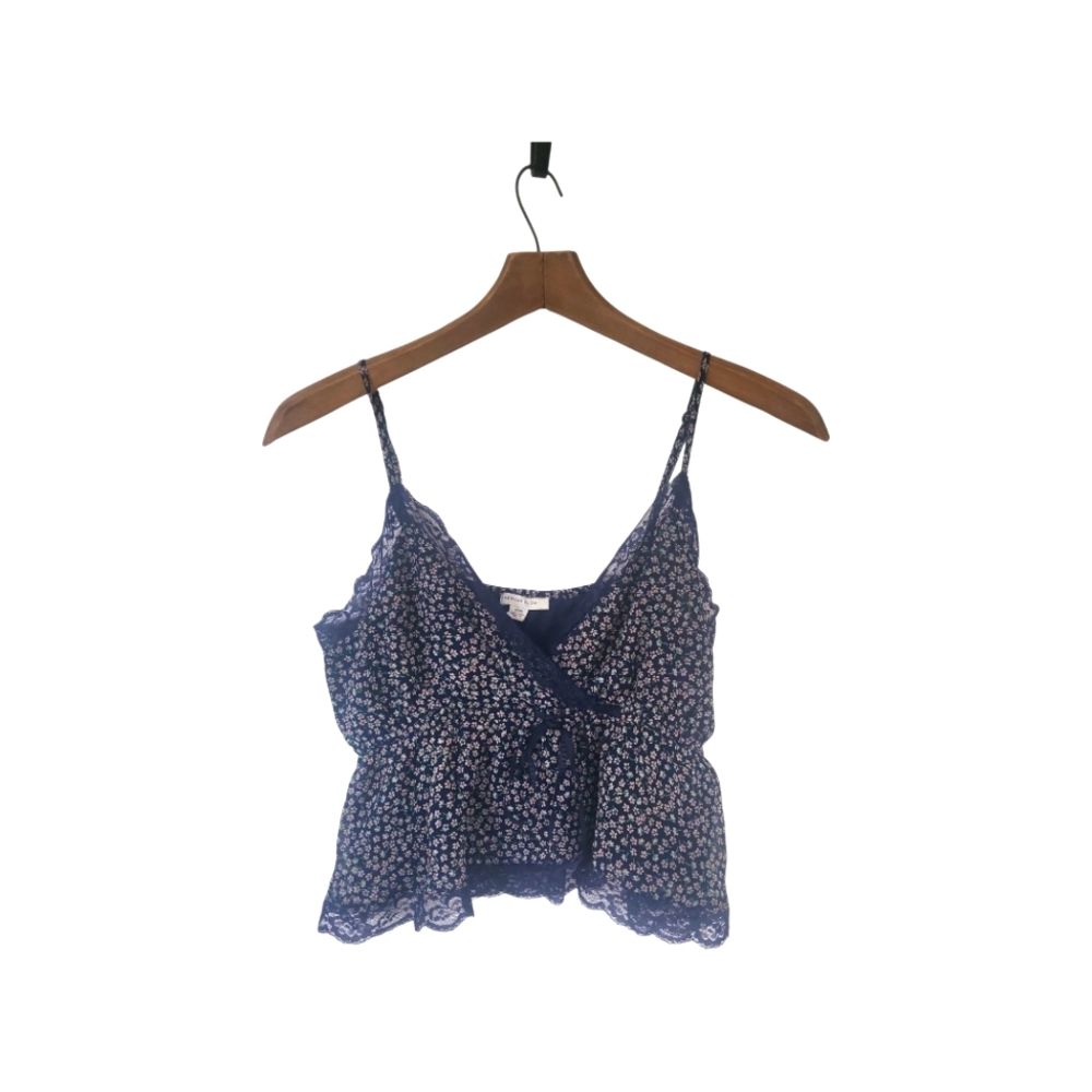 American Eagle Navy Blue Floral Lace Trimmed Spaghetti Strap Crop Tank Top S